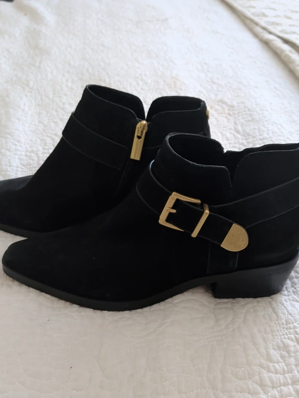 Vince Camuto Maiyah Women's Black Suede Ankle Boot with Gold Buckle Size 7 NWOB